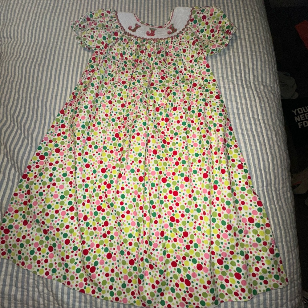 Little Threads Girls Smocked Christmas‎ Dress Polka Dot Stocking Size 6 Cotton
